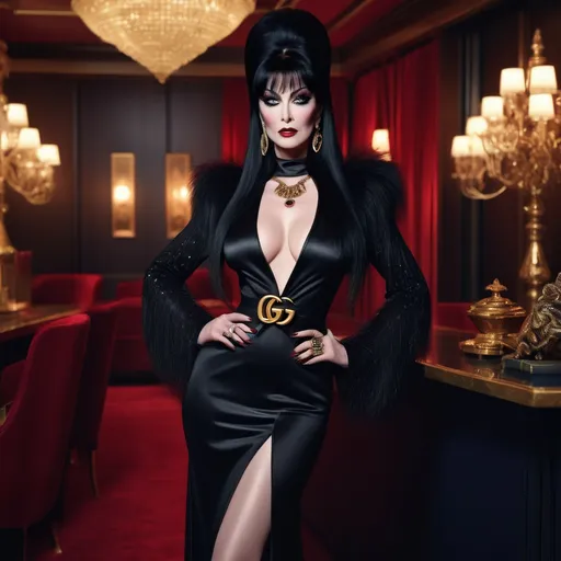 Prompt: (Elvira in Gucci), high fashion in a glamorous setting, dark chic attire, luxurious textures, bold accessories, sophisticated poses, striking makeup, impressive lighting, rich shadows, elegant background, (vibrant colors), refined ambiance, stylish and contemporary vibe, high-definition, ultra-detailed, alluring and captivating atmosphere.