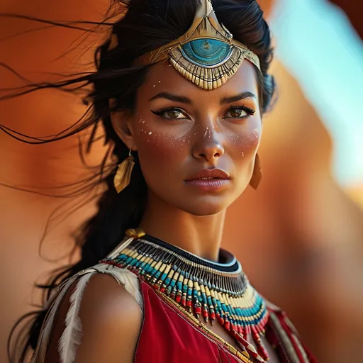 Prompt: Pocahontas in a stylish (high-fashion outfit), wearing elegant (Prada accessories), confident pose, (vibrant colors and contours), against a stunning natural backdrop, blending modern luxury with historical context, (4K ultra-detailed), rich earthy tones, an enchanting and dynamic atmosphere.