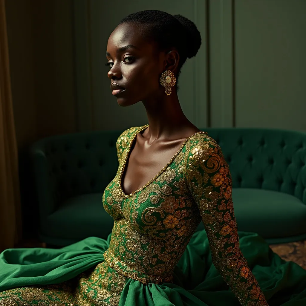 Prompt: (Alek Wek wearing Cavalli), striking elegance and defined silhouette, dramatic pose highlighting high fashion, luxurious fiber textures, deep and rich color palette of gold and emerald, showcasing intricate Cavalli designs, soft ambient lighting to emphasize the details, urban chic background to enhance the modern vibe, ultra-detailed, high-definition quality.