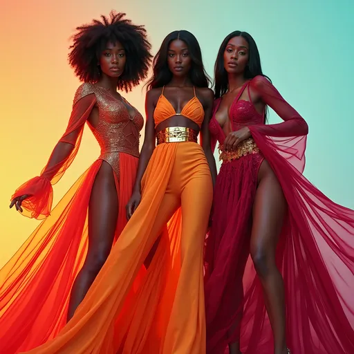 Prompt: (Beyoncé, Alek Wek and Naomi Campbell) striking a pose in (vibrant Mugler outfits), showcasing characteristics of haute couture fashion, exuding confidence and elegance. The background is a soft gradient of (warm and cool tones), enhancing the luxurious vibe. The scene captures high fashion energy, featuring intricate details of the garments and showcasing their exquisite (high-quality fabric) texture. Ultra-detailed, HD, dynamic composition.