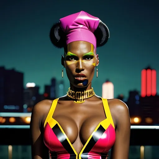 Prompt: (Grace Jones wearing Moschino dress), striking pose, bold outfit, vibrant colors, high-fashion style, dramatic accessories, (powerful expression), urban background, modern cityscape, dynamic lighting, high contrast, fashion-forward atmosphere, captivating ambiance, luxury aesthetic, ultra-detailed, sharp focus, fashionable mood, emphasizing bold artistry.