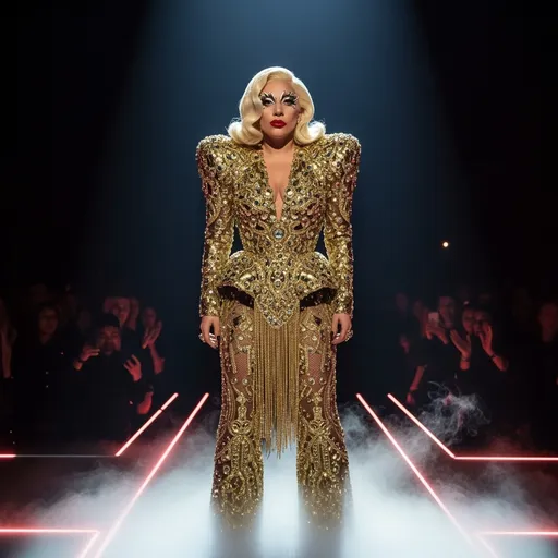 Prompt: Imagine Lady Gaga standing on a dimly lit stage, the spotlight casting a shimmering gold hue over her couture outfit, adorned with intricate sequins that catch the light with every movement. Her expressive eyes are framed by bold, avant-garde makeup that draws the viewer in, while her hair cascades in dramatic waves, reflecting an ethereal glow. The audience, shadowy in the background, is captivated by her magnetic presence. Wisps of fog curl around her feet, adding a mystical quality to the atmosphere, while neon lights pulse in rhythmic patterns, echoing the energy of the music. This scene would be beautifully rendered in a cinematic lighting style, enhancing the dramatic essence of performance art.