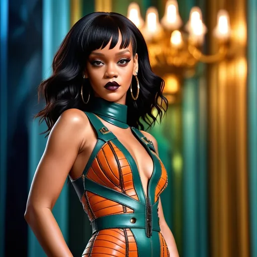 Prompt: (Rihanna in a stunning Balmain leather dress), (elegant pose), high-fashion, ultra-detailed, cinematic lighting, stylish background, vibrant colors, luxurious textures, fierce expression, couture fashion, dramatic shadows, chic atmosphere, fashion-forward, modern aesthetic, (high quality 4K)