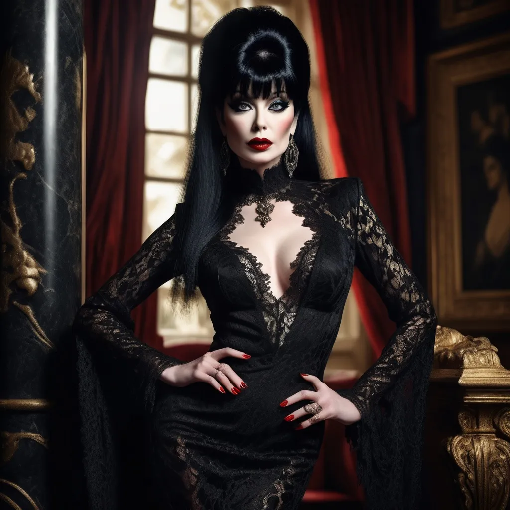 Prompt: (Dramatic portrait of Elvira in Balmain) extravagant fashion, haute couture, black lace dress with intricate detailing, bold makeup, striking red lips, expressive pose, (heavy shadows) creating a mysterious atmosphere, luxurious textures, opulent background with gothic elegance, warm color tones, inviting ambiance, (highly-detailed) ultra-realistic rendering, focused on the elegance and charm of the iconic character.