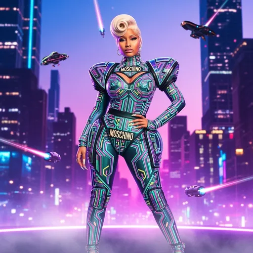 Prompt: Visualize Nicki Minaj standing boldly in a futuristic Moschino bodysuit, an emblem of fashion from the year 3000. The bodysuit gleams with iridescent colors that shift with every movement, adorned with intricate patterns resembling circuitry that pulse softly with light. She poses confidently in a neon-lit urban landscape, skyscrapers looming in the background, their surfaces glinting under a twilight sky awash with vibrant purples and blues. A mist swirls around her feet, catching the neon reflections, while flying vehicles zip past overhead. Nicki’s expression is fierce and commanding, her hair styled in an avant-garde fashion, embodying both power and grace. This scene is rich with a cinematic, photorealistic style, emphasizing the contrast between her and the dazzling futuristic world around her.