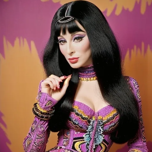 Prompt: (1960’s Cher), dramatic makeup, iconic long hair, (vintage fashion), vibrant colors, bold patterns, striking pose, retro accessories, sultry expression, mod style, intricate details, soft-focused background, warm lighting, high quality, (ultra-detailed), nostalgic ambiance, fashion icon aesthetic, capturing the essence of a glamorous era.