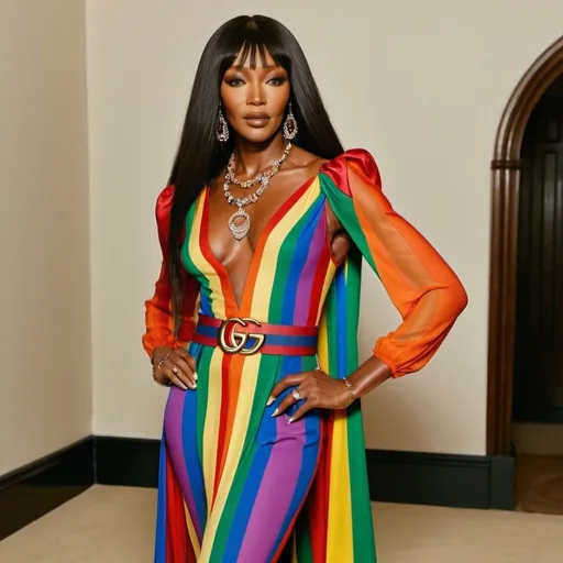 Prompt: Naomi Campbell wearing a special Gucci dress Pride Month edition 