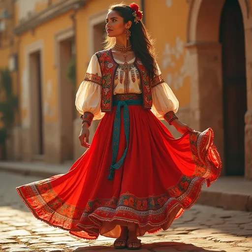 Prompt: (Spanish outfit look), vibrant colors, detailed embroidery, traditional patterns, lively atmosphere, flowing fabrics, warm sunlight, textured background, cultural elements, high fashion essence, flowing skirts and jackets, captivating accessories, elegant footwear, ultra-detailed, rich and expressive compositions, cultural heritage, dreamy and festive vibe, 4K quality.