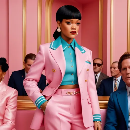 Prompt: Hyper realistic Rihanna wearing a Miu Miu outfit in a Wes Anderson Movie