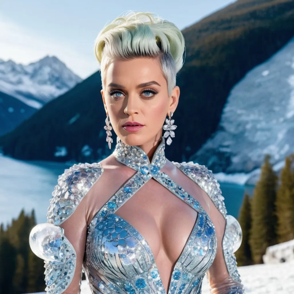 Prompt: Katy Perry ice woman with platinum hairs, crystal schoulders, icy and flowery dress in the winter landscape