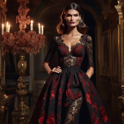 Prompt: Bianca Balti in a stunning (Dolce&Gabbana) Halloween-inspired dress, the gown features intricate lace detailing and a dramatic silhouette, (elegantly styled), surreal lighting that enhances the glamour, gloomy and vibrant atmosphere, perfect for a Halloween scene, richly saturated colors, chilling yet captivating aesthetic, (4K), ultra-detailed.