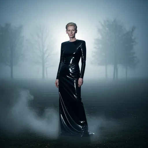 Prompt: Tilda Swinton wearing Jil Sander latex dress