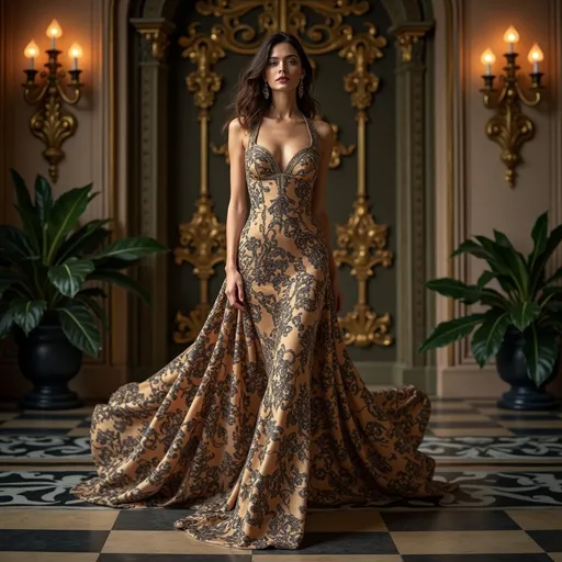 Prompt: Roberto Cavalli dress, (luxurious designer fashion), stunning animal prints, exquisite embroidery details, showcase of intricate textures, flowing silhouette, elegant evening atmosphere, vibrant colors, dramatic lighting, (high fashion editorial style), ornate background with soft-focus elements, (4K ultra-detailed) craftsmanship, combining glamour and sophistication, perfect for a high-end photoshoot setting.