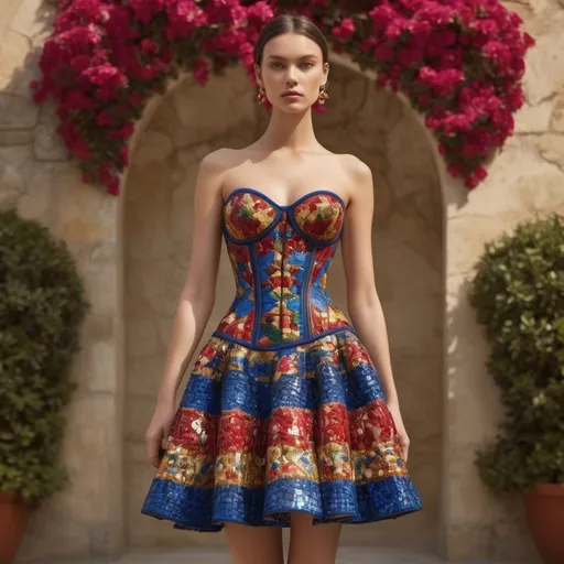 Prompt: Envision a stunning Dolce&Gabbana mosaic glass corset dress, its intricate design sparkling with vivid colors like rich reds, deep blues, and shimmering golds. The dress hugs the silhouette of a graceful figure, poised in a sun-drenched Italian garden, where vibrant bougainvillea cascades down ancient stone walls. Soft, dappled sunlight filters through the leaves overhead, casting playful reflections on the glass tiles of the dress. The model stands confidently, her expression a blend of allure and strength, holding a delicate fan adorned with lace. A gentle breeze carries the scent of blooming jasmine, enhancing the romantic atmosphere. This scene can be illustrated in a cinematic lighting style, bringing out the textures and luminosity of the corset dress, making it the centerpiece of this dreamlike tableau.
