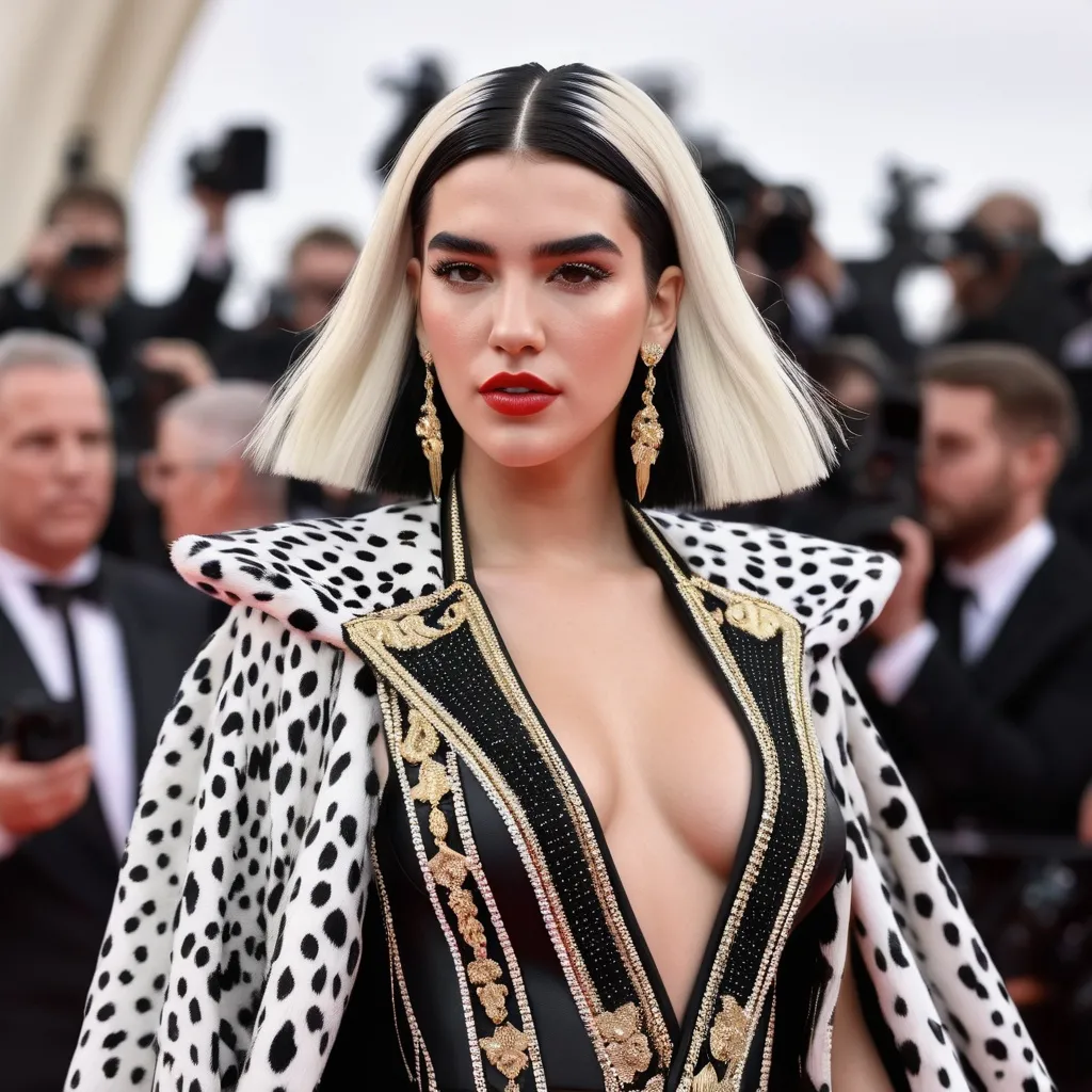 Prompt: A hyper realistic Dua Lipa as Cruella in a  Versace very detailed and accurated 64k quality HD 3D outfit