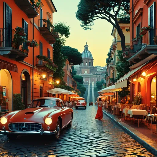 Prompt: (romantic scene of La Dolce Vita in Rome), nostalgic 1950s vibes, vintage fashion, classic cars, charming cobblestone streets, soft golden evening light, elegant people socializing, outdoor cafes, lush greenery in the background, warm ambiance, cozy retro atmosphere, 4K ultra-detailed quality, evoke a sense of timeless romance and joie de vivre, cinematic composition.