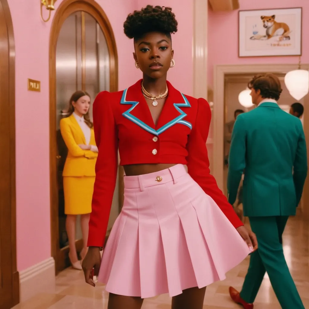 Prompt: Hyper realistic Lil Nas X wearing a Miu Miu skirt outfit in a Wes Anderson Movie avoiding pink