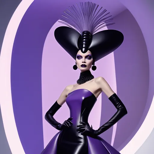 Prompt: (Yzma reimagined by Balenciaga), (futuristic fashion), high-fashion attire, oversized silhouettes, avant-garde designs, intricate textures, dramatic color palette, bold accessories, (highly detailed), luxury setting, lavish background, striking lighting, (dynamic poses), an aura of sophistication, a blend of whimsy and elegance, (high-quality, ultra-detailed).