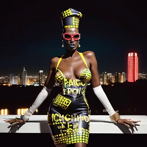 Prompt: (Grace Jones wearing Moschino dress), striking pose, bold outfit, vibrant colors, high-fashion style, dramatic accessories, (powerful expression), urban background, modern cityscape, dynamic lighting, high contrast, fashion-forward atmosphere, captivating ambiance, luxury aesthetic, ultra-detailed, sharp focus, fashionable mood, emphasizing bold artistry.