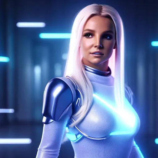 Prompt: Dressed like a hyper realistic Britney Spears Robotic Pleiadian Nordic blonde from the Galactic Federation of Light,  high resolution, 3D render, style of cyberpunk 