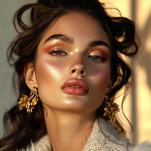 Prompt: (Dolce&Gabbana beauty), (full face makeup application), radiant skin, bold eyeshadow colors, glamorous lip hues, expert contouring, strategically applied highlighter, elegant hairstyle, vivid cosmetic products scattered around, professional lighting, warm tones, elegant ambiance, beauty-focused composition, ultra-detailed, high definition, modern beauty art concept.