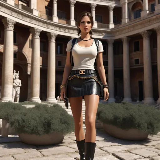 Prompt: Hyper Realistic and very detailed Lara Croft wearing a hyper realistic and very detailed 60s Chanel look with a very detailed miniskirt and very detailed flat shoes in the centre of a very accurate Rome living “La Dolce Vita” 64k Hd, very accurate 3D 