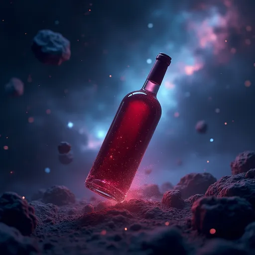 Prompt: (bottle of red wine), (floating in space), cosmic background, vibrant stars, deep blues and purples, ethereal glow, sense of mystery, ultra-detailed, high-definition, surreal atmosphere, object appearing to drift among asteroids, soft lighting illuminating the bottle, minimalist design showcasing the wine's contours, captivating overall vibe, celestial theme intertwined with elegance.