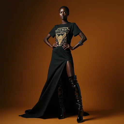 Prompt: (Alek Wek wearing Saint Laurent high heels over-the-knee boots), striking pose, showcasing her unique style, elegant and confident demeanor, (high-fashion), (glamorous), dramatic lighting, (high contrast), richly detailed textures of the boots, sophisticated background setting, warm tones, 4K ultra-detailed image, conveying modern fashion aesthetics, capturing elegance and strength, wearing a long vintage t-shirt with vintage prints as a dress 