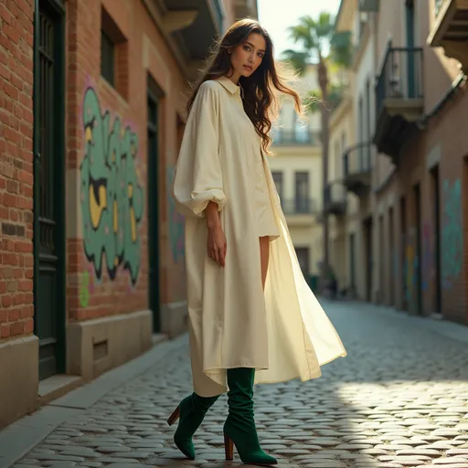 Prompt: Gucci velvet boots and a long white shirt 