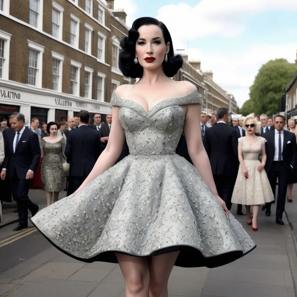 Prompt: Hyper Realistic and very detailed Dita Von Teese wearing a hyper realistic and very detailed Valentino 50s look with a very detailed Valentino dress and very detailed Valentino shoes in the centre of a very accurate 50s London 64k Hd, very accurate 3D 