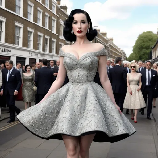 Prompt: Hyper Realistic and very detailed Dita Von Teese wearing a hyper realistic and very detailed Valentino 50s look with a very detailed Valentino dress and very detailed Valentino shoes in the centre of a very accurate 50s London 64k Hd, very accurate 3D 