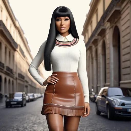 Prompt: Hyperrealistic 3D Nicki Minaj in mini skirt by Mary Quant and Valentino during the 70s italian in Milan with straight hair and fringe, with cuissardes boots , photorealistic, accurate features, Valentino outfit, high resolution 64k, detailed textures, realistic lighting, Milan street backdrop, sophisticated, elegant, photorealism, Italian fashion, 70s  style, high quality, Valentino, detailed design, accurate, realistic rendering, lifelike, professional, professional lighting 
