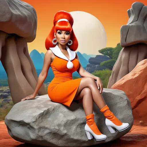 Prompt: Nicki Minaj as Wilma Flintstone, (stylized character), vibrant orange dress with white collar, iconic red hair with a bouffant style, playful expression, sitting on a prehistoric stone rock, fun cartoon-style background with a prehistoric landscape and vintage Stone Age elements, high quality, ultra-detailed, colorful, whimsical atmosphere, blending pop culture and classic animation.