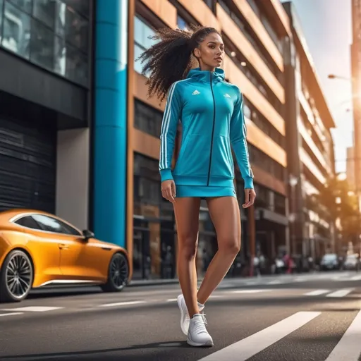 Prompt: (Adidas dress), stylish athletic wear, (dynamic design), modern Chic, sleek lines, vibrant colors, (cotton fabric), showcasing sports elegance, in a city street setting, warm sunlight, urban ambiance, highlighting modern street fashion, detailed texture, energetic vibe, high-quality image, (ultra-detailed, 4K), perfect for sports enthusiasts.