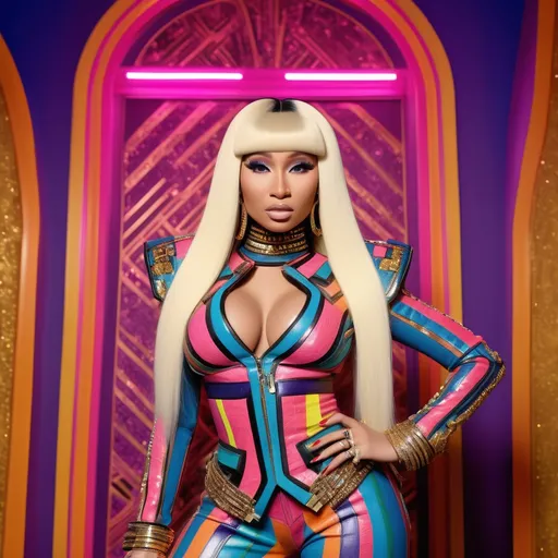 Prompt: Nicki Minaj, dressed in a (bold 80s glam rock Balmain outfit), vibrant colors, high wattage (dramatic makeup), striking accessories, playful pose, luxurious textures, glamorous lighting, retro vibes, bold style, intricate patterns, (highly detailed), vibrant backdrop, mood of confidence and empowerment, ultra-detailed, 4K quality.