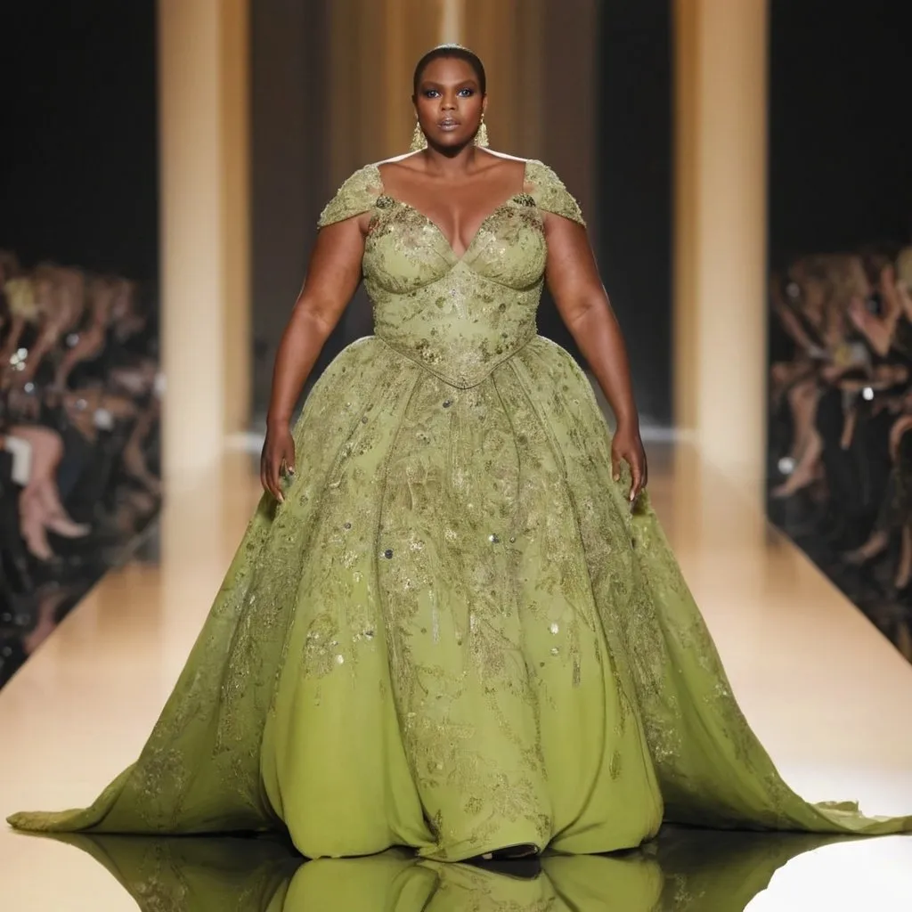 Prompt: Shrek wearing Elie Saab dress