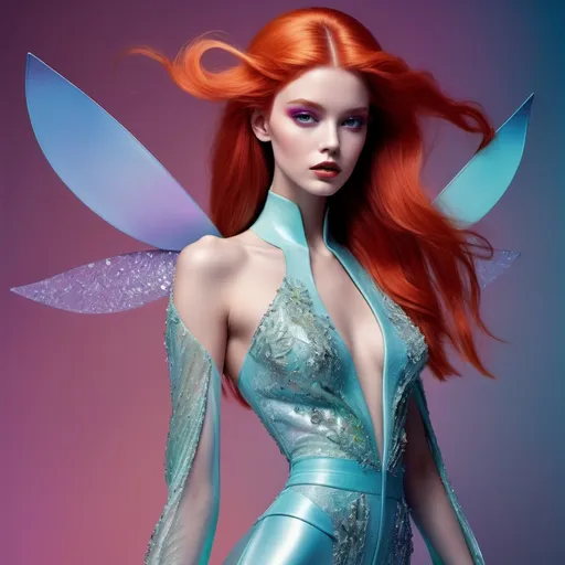 Prompt: (Ariel wearing Mugler), (high fashion), elegant pose, intricate outfit design, striking details, modern silhouette, captivating colors, ethereal atmosphere, dreamy background with soft lighting, (editorial style), vibrant color palette, ultra-detailed, fashion magazine quality, stunning visual presentation, infusion of fantasy into contemporary fashion.