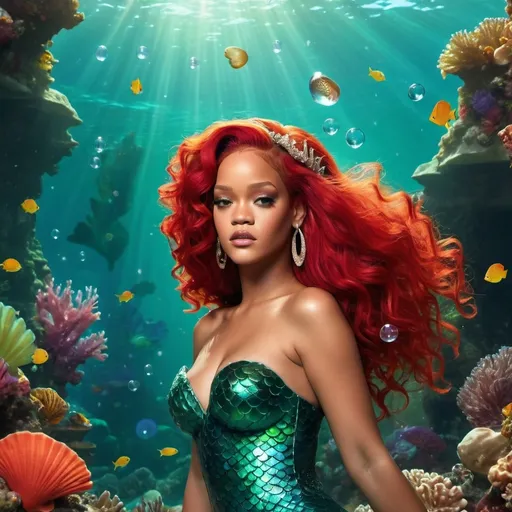 Prompt: Rihanna as (Ariel), enchanting mermaid, vibrant red hair flowing, intricate seashell crown, striking green tail shimmering in sunlight, surrounded by a magical underwater scene, colorful coral reefs, ethereal fish swimming in the background, enchanting bubbles rising, warm and inviting ambiance, HD quality, cinematic shot.