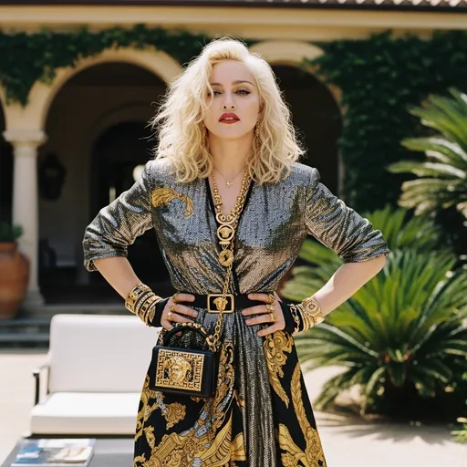Prompt: Envision a striking photograph of a platinum blonde Madonna, capturing the essence of the 90s Versace campaign through the lens of Mario Testino. The scene is vibrant and bold, drenched in iconic Mediterranean sunlight that casts playful reflections on her shimmering attire. Madonna stands poised, exuding confidence with a captivating smirk, her hair cascading in soft waves around her shoulders. She is adorned with extravagant Versace accessories, her fabric softly draping against the backdrop of a luxurious villa adorned with lush greenery. The atmosphere is alive with an air of opulence, combining a sense of nostalgia with modern chic. The style is a glamorous, high-fashion editorial, rich in color and contrasts, reminiscent of a cinematic moment frozen in time.