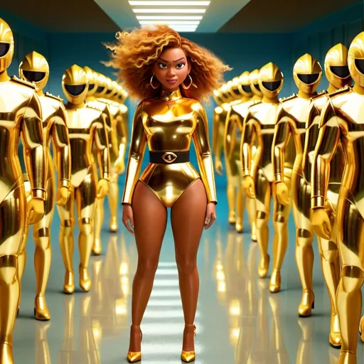 Prompt: Beyonce wearing golden metal suit by Paco Rabanne in a Wes Anderson scenario 