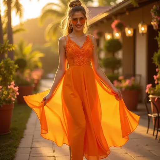 Prompt: (Spritz Aperol dress), a fashionable dress inspired by the vibrant hues of the classic cocktail, (bright orange and vivid yellow colors), elegant and stylish design, summery vibe, refreshing aesthetic, delicate fabrics that mimic liquid flow, ambient lighting casting warm glows, ultra-detailed, 4K quality, playful and lively atmosphere, ideal for summer outings or gatherings, showcasing a sense of joy and celebration.