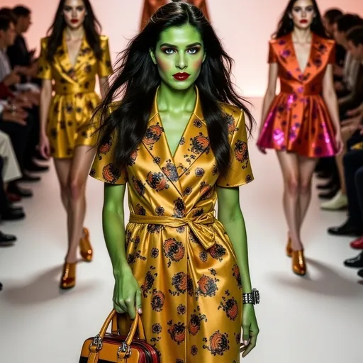 Prompt: (Elphaba wearing Jil Sander), striking pose, vibrant green skin, dark flowing hair, poised facial expression, luxurious Gucci outfit, fashion-forward accessories, playful yet sophisticated, (bold patterns), stylish handbag, adventurous demeanor, brightly lit runway background, high fashion atmosphere, runway models in soft focus, ultra-detailed, (fashion illustration).