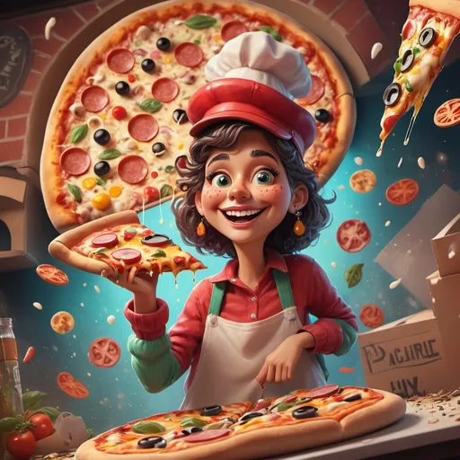 Prompt: (pizza personification), colorful illustration depicting a lively character with cheesy features, wearing toppings as attire, cheerful expression, and relaxed pose, a vibrant backdrop of a pizzeria with warm lighting, inviting atmosphere, high detail, showcasing creativity and whimsy, fun vibe, ultra-detailed 4K quality.