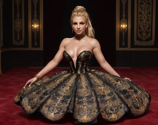 Prompt: (detailed photorealistic image) High quality, (exceptional clarity) portrayal of Britney Spears, (elegantly poised) wearing a luxurious Dolce&Gabbana black laced tubino dress, (vibrant fashion scene) accentuating her iconic style. The background features a lavish red carpet setting, (soft golden lighting) highlighting her with a glamorous ambiance. (high fashion) attitude, portraying confidence and grace, with (ultra-detailed) textures in the fabric of her outfit.