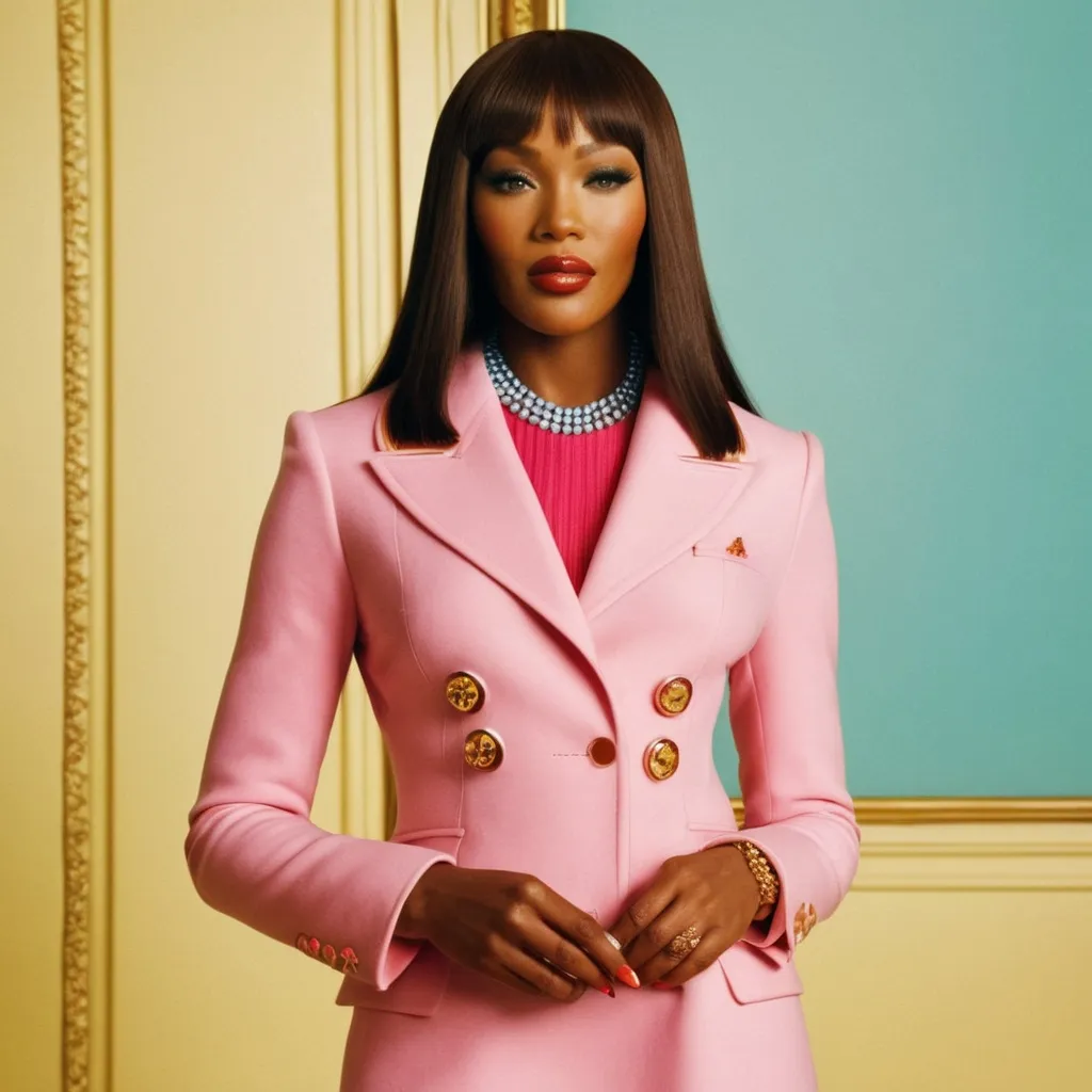 Prompt: Hyper realistic Naomi Campbell wearing a Miu Miu outfit in a Wes Anderson Movie avoiding pink