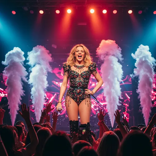 Prompt: A vibrant concert scene unfolds, with Kylie Minogue at the center, radiant in a striking Dolce&Gabbana bodysuit adorned with intricate, shimmering details that catch the colorful stage lights. The atmosphere is electric, pulsating with energy as the crowd sways, hands raised, under a canopy of vivid spotlights that change hues with the rhythm of the music. Smoke from stage effects dances around her, creating an ethereal haze. Kylie's expression is one of fierce determination and joy, her hair swirling as she moves gracefully, connecting with her audience. Behind her, a grand backdrop glows with vibrant graphics that pulse in sync with the beat, enhancing the visual spectacle. This lively scene is captured in a cinematic, photorealistic style, bringing the magic of the moment to life.