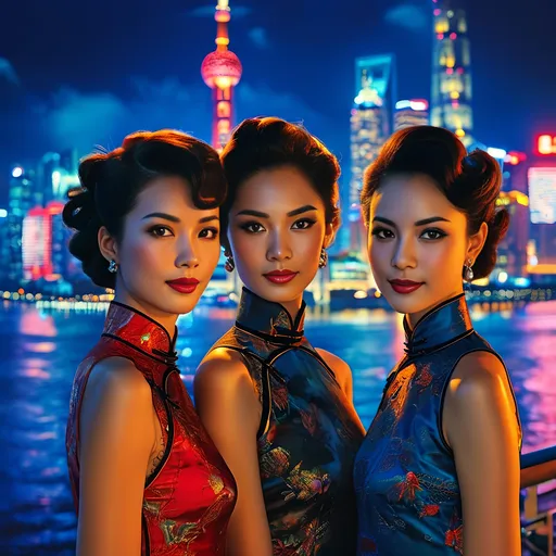 Prompt: Night scene in Shanghai, (elegant women) in stylish attire, vibrant city lights illuminating the background, sleek skyscrapers casting shadows, (atmospheric urban vibe), rich colors of deep blues and sparkling whites, reflecting the lively nightlife, (ultra-detailed) backdrop highlighting historical architecture blending with modern design, the ambiance filled with mystery and charm.