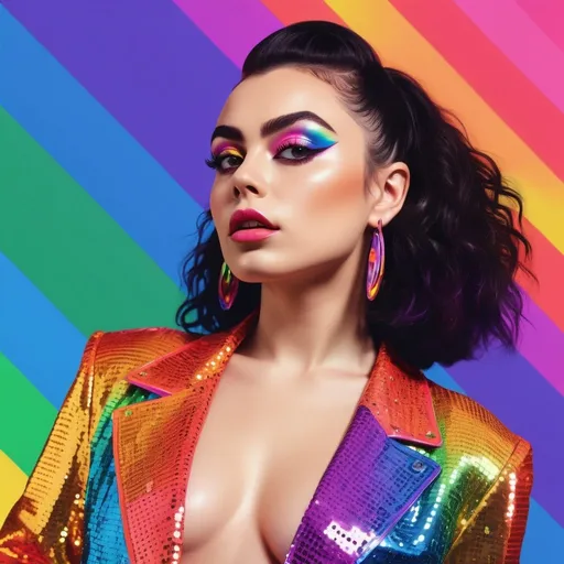 Prompt: Charli XCX pride month outfit, digital art, vibrant and colorful, high quality, pop art, rainbow colors, shimmering sequins, bold makeup, confident pose, energetic and dynamic, retro-inspired, neon lighting, celebratory atmosphere, 80s fashion, glossy finish