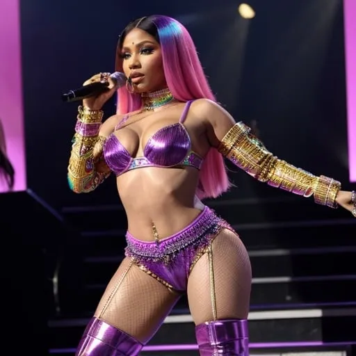 Prompt: Nicki Minaj wearing a Etro Pride Month edition outfit 