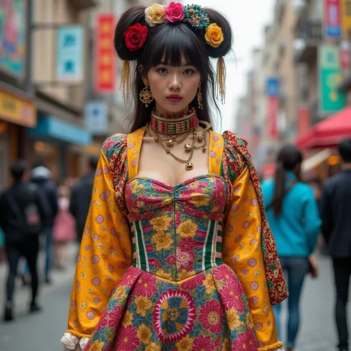 Prompt: (Gucci Harajuku-inspired dress), (fashion-forward), stylish clothing, vibrant colors, intricate patterns, playful accessories, cultural blend, high fashion, lively street scene, urban background, (high detail), contemporary aesthetic, eye-catching design, bold statement piece, glamorous atmosphere, shiny fabrics, mix of textures, vibrant street art in background, (ultra-detailed), (4K quality)